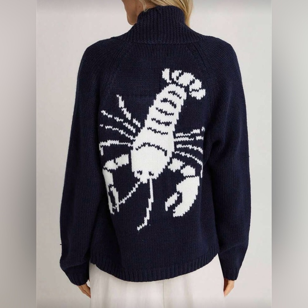 Navy Lobster Knit Button-Up Cardigan Sweater